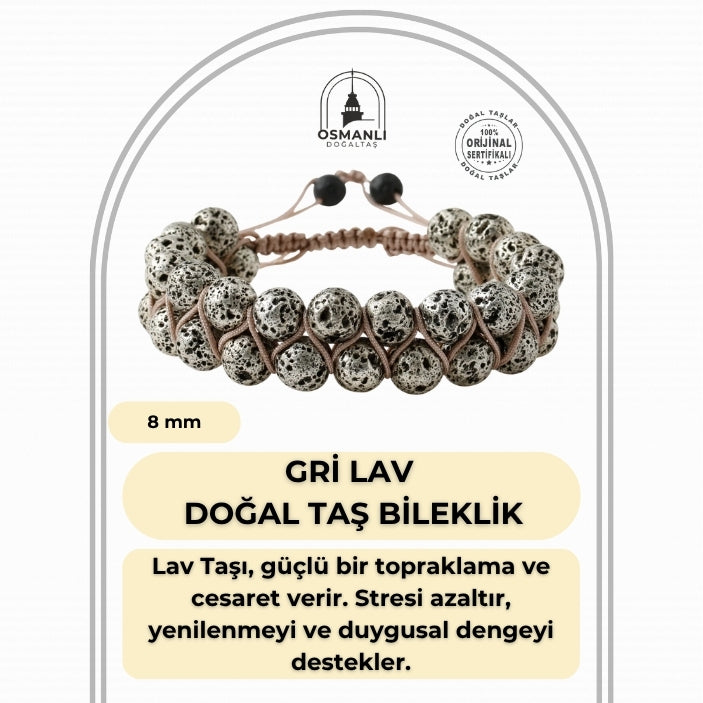 Gri Lav Taşı 8mm Çift Sıra Makrome Doğal Taş Bileklik