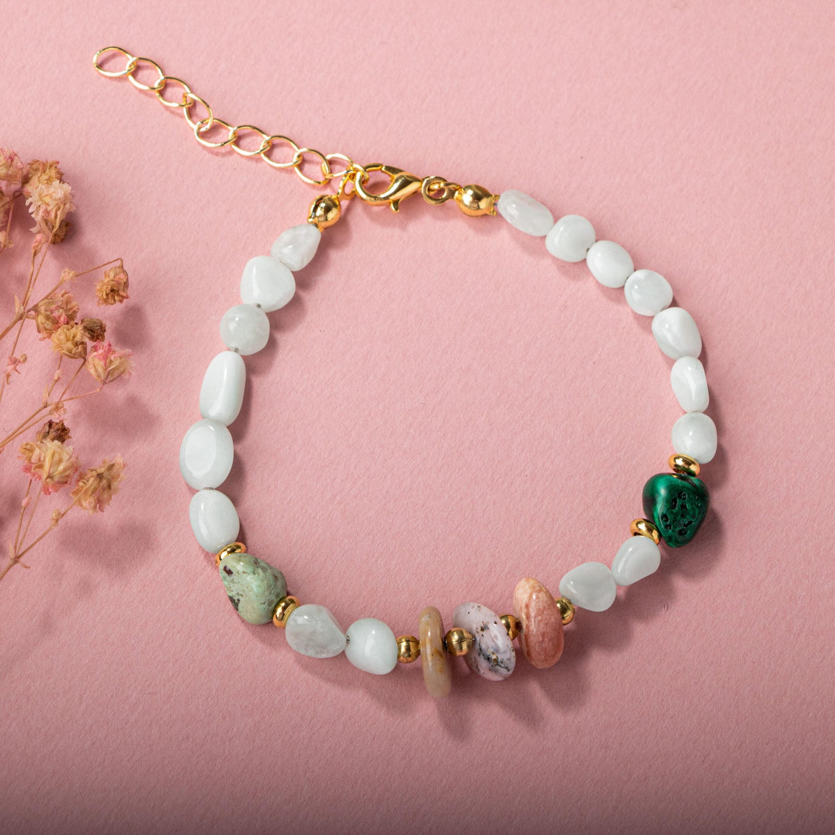 Pembe Opal-Krizokol-Larimar Doğal Taş Bileklik