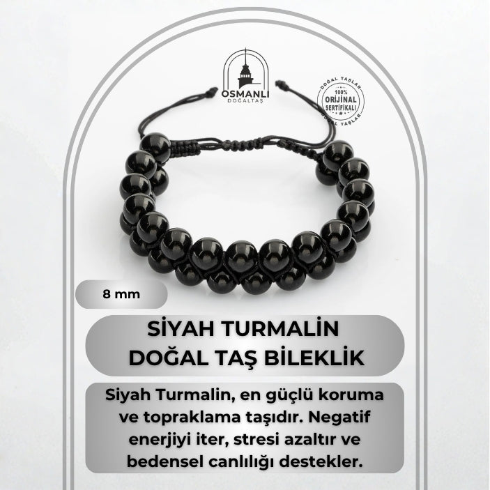 Siyah Turmalin 8mm Çift Sıra Makrome Doğal Taş Bileklik