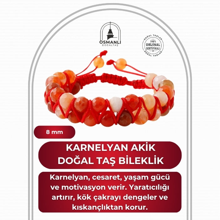 Karnelyan Akik 8mm Çift Sıra Makrome Doğal Taş Bileklik