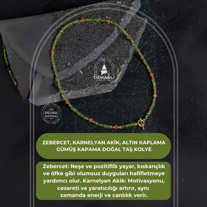 Sertifikalı Zebercet, Karnelyan Akik, Altın Kaplama Gümüş Kapama Doğal Taş Kolye