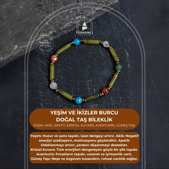 Sertifikalı Yeşim ve İkizler Burcu Doğal Taş Bileklik