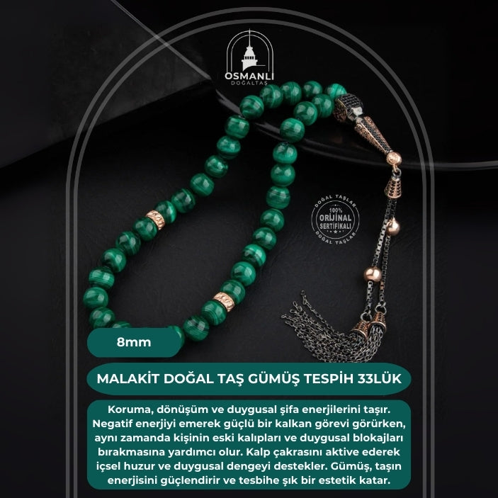 Malakit Doğal Taş 8mm Gümüş Tesbih