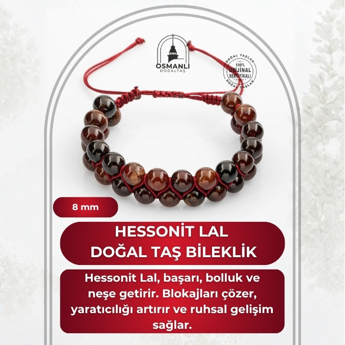 Hessonit Lal 8mm Çift Sıra Makrome Doğal Taş Bileklik