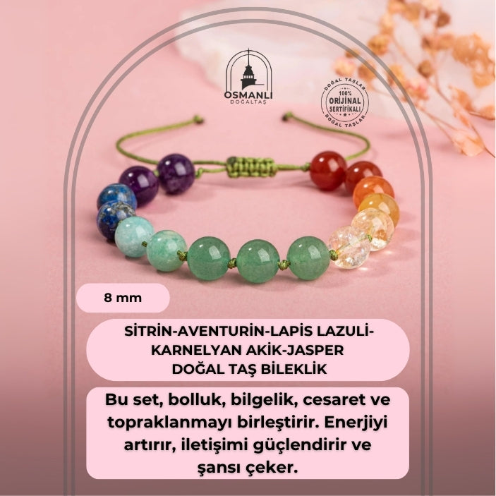 Sertifikalı Hakiki Orijinal 8mm Sitrin-Aventurin-Lapis Lazuli-Karnelyan Akik-Jasper Örme İpli Bileklik