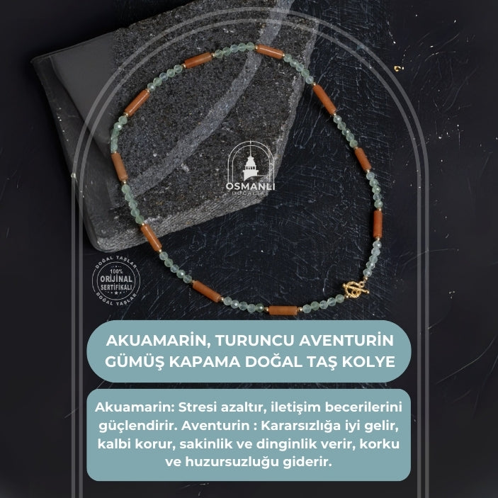 Sertifikalı Akuamarin, Turuncu Aventurin Gümüş Kapama Doğal Taş Kolye