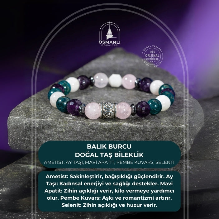 Balık Burcu Bileklik Ametist, Ay Taşı, Mavi Apatit, Pembe Kuvars, Selenit