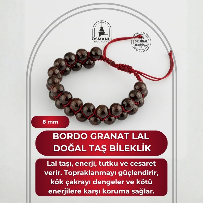 Bordo Granat Lal 8mm Çift Sıra Makrome Doğal Taş Bileklik