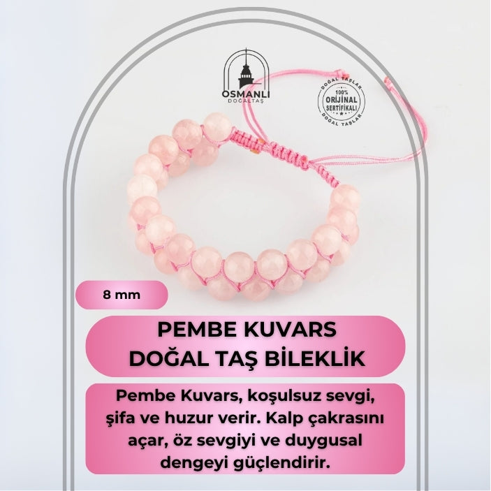 Pembe Kuvars (Gül Kuvars) 8mm Çift Sıra Makrome Doğal Taş Bileklik