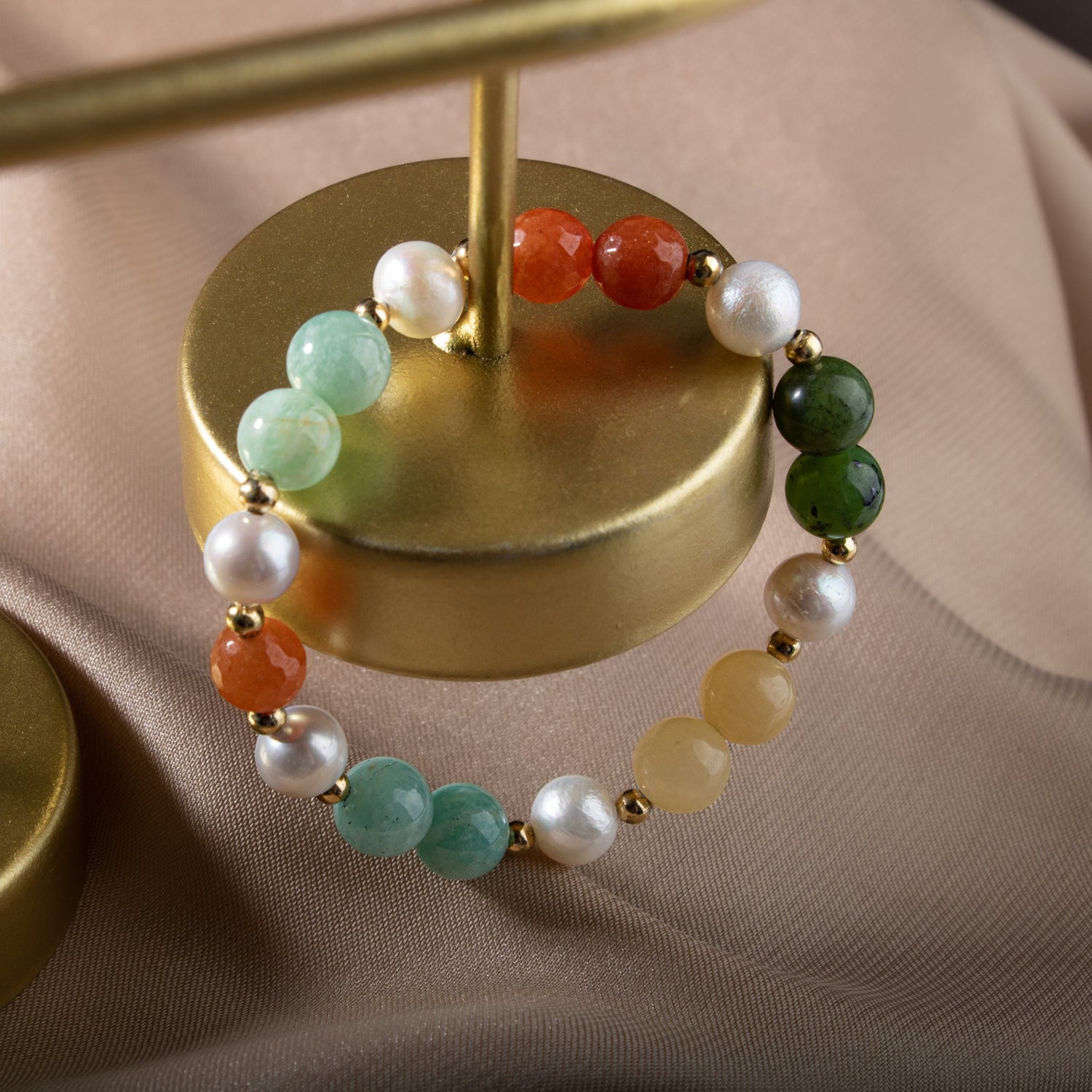 İnci-Turuncu Aventurin-Amazonit-Yeşim-Kalsit Doğal Taş Gümüş Bileklik