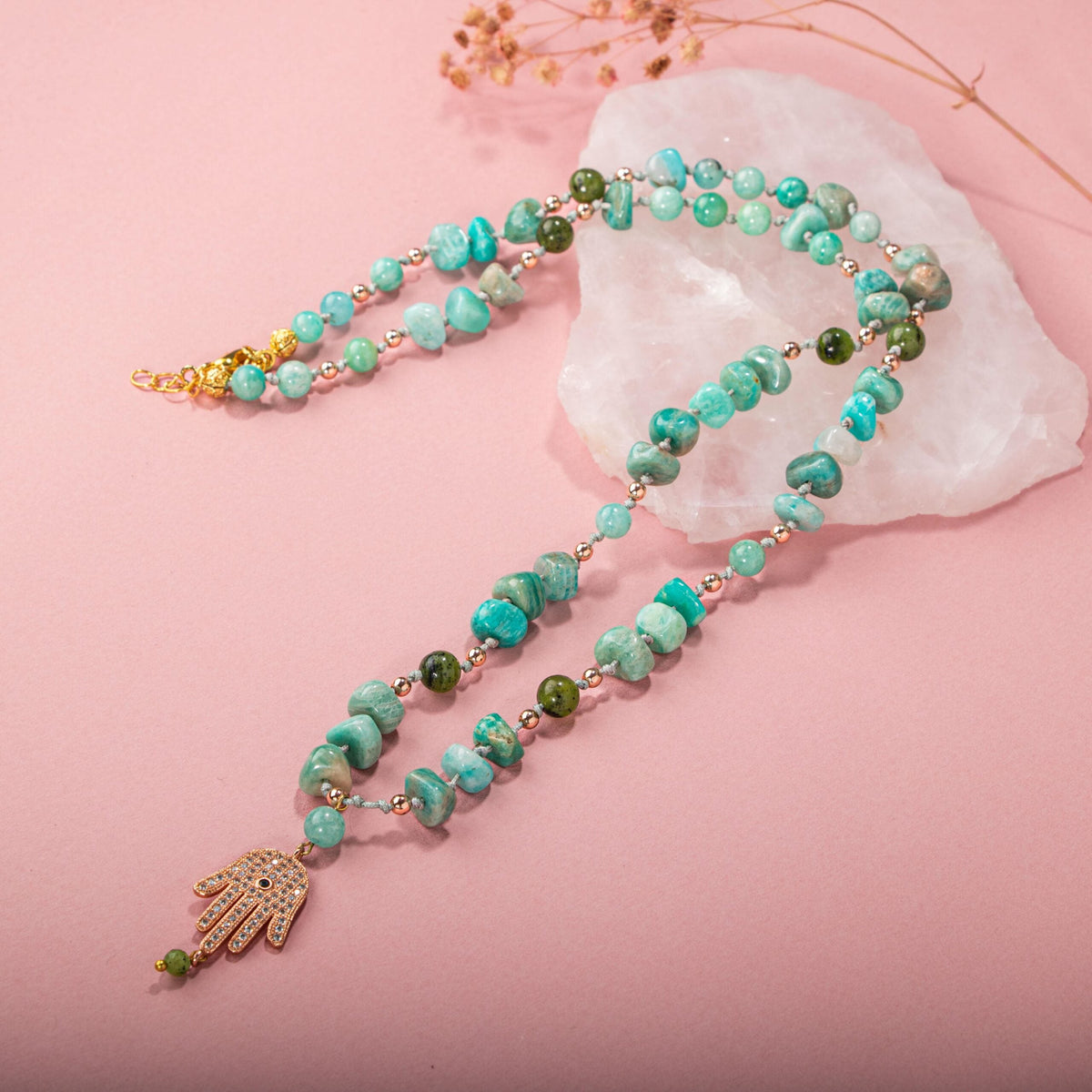 Amazonit-Yeşim Doğal Taş Hamsa Fatıma Eli Altın Kaplama Kolye