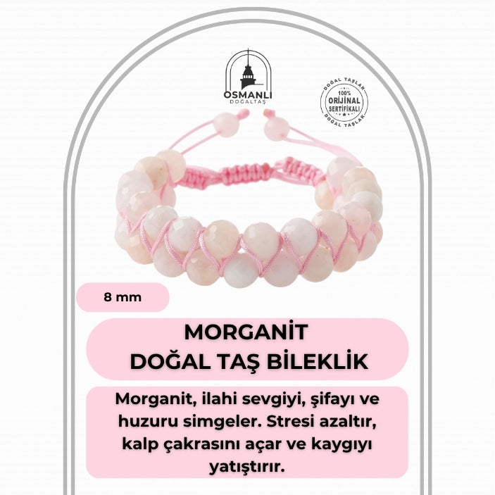 Morganit 8mm Çift Sıra Makrome Doğal Taş Bileklik