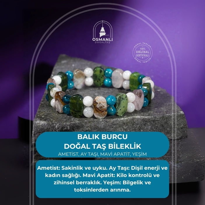 Balık Burcu Bileklik Ametist, Ay Taşı, Mavi Apatit, Yeşim