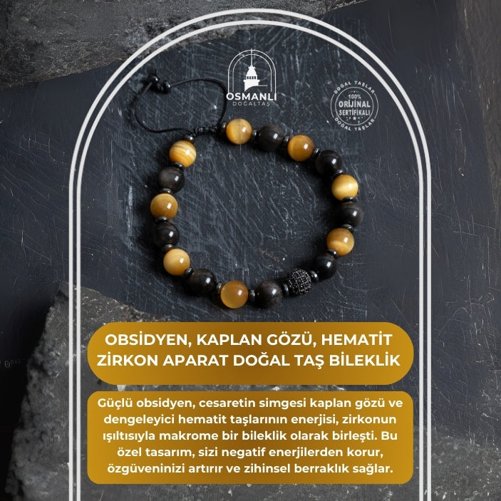 Sertifikalı Obsidyen, Kaplan Gözü, Hematit Zirkon Aparat Doğal Taş Makrome Bileklik