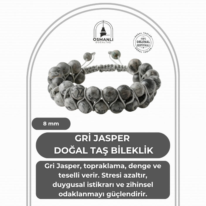 Gri Jasper 8mm Çift Sıra Makrome Doğal Taş Bileklik