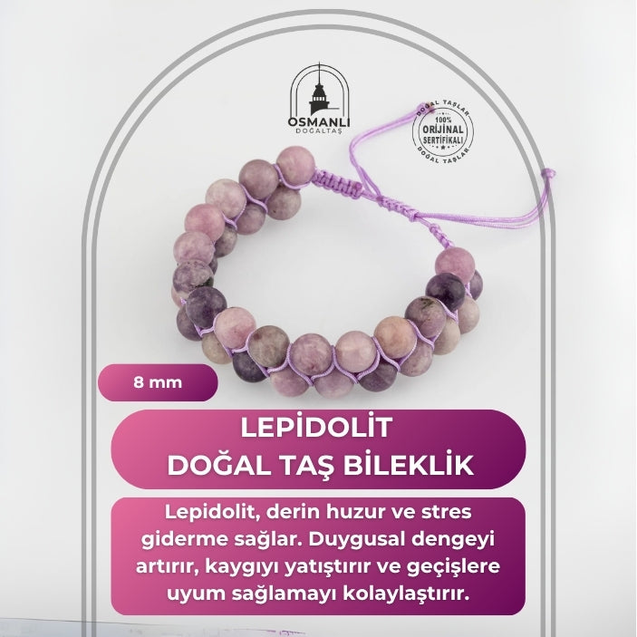 Lepidolit 8mm Çift Sıra Makrome Doğal Taş Bileklik
