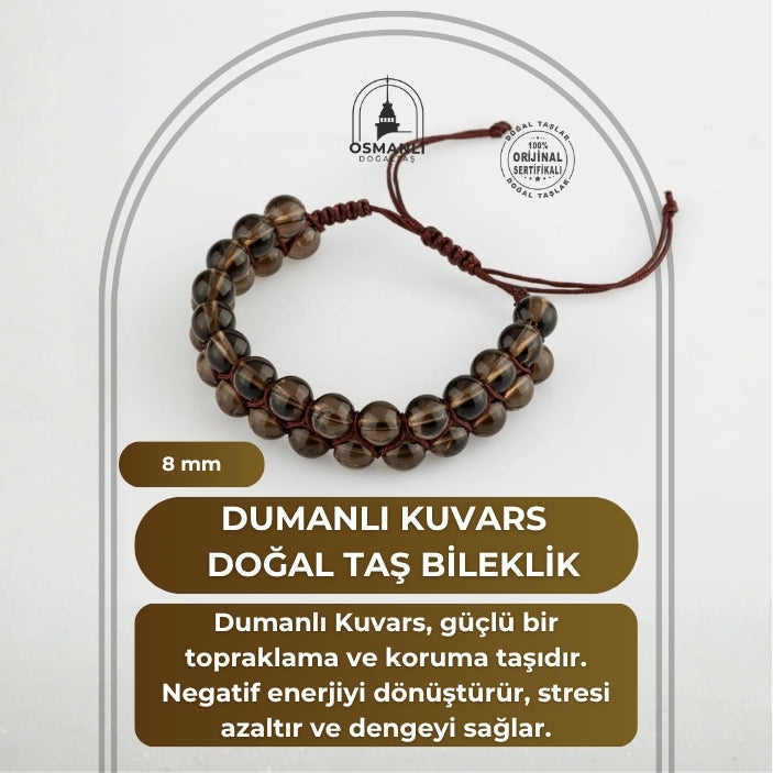 Dumanlı Kuvars 8mm Çift Sıra Makrome Doğal Taş Bileklik