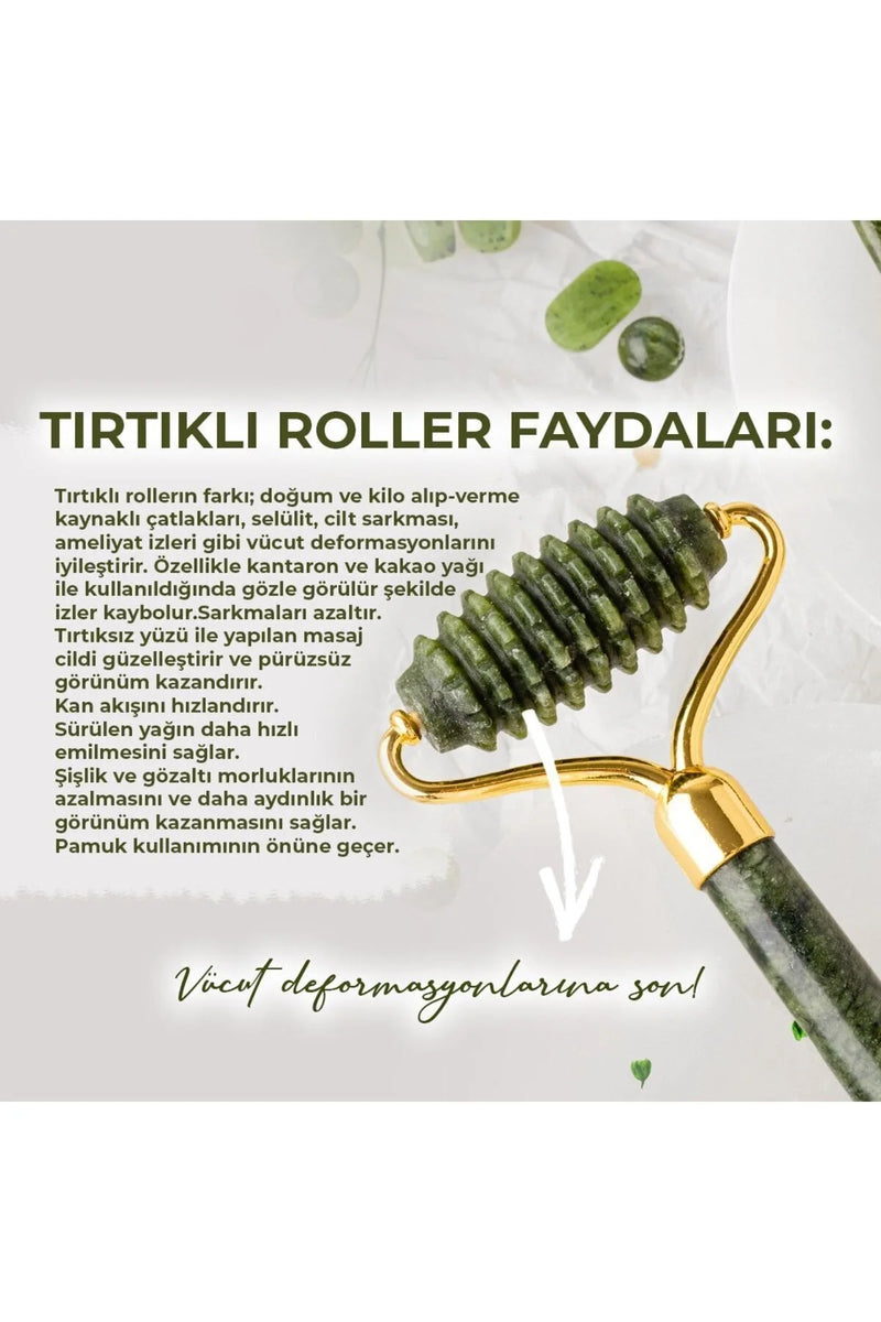 Osmanlı Doğaltaş Sertifikalı Yeşim Tırtıklı Roller ve Kalp Gua Sha Yüz Masaj takımı