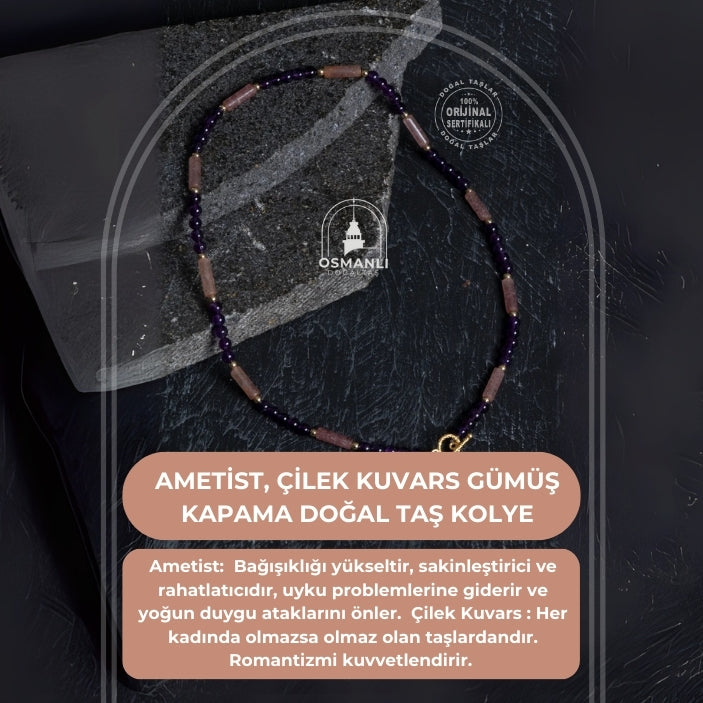 Sertifikalı Ametist, Çilek Kuvars Gümüş Kapama Doğal Taş Kolye