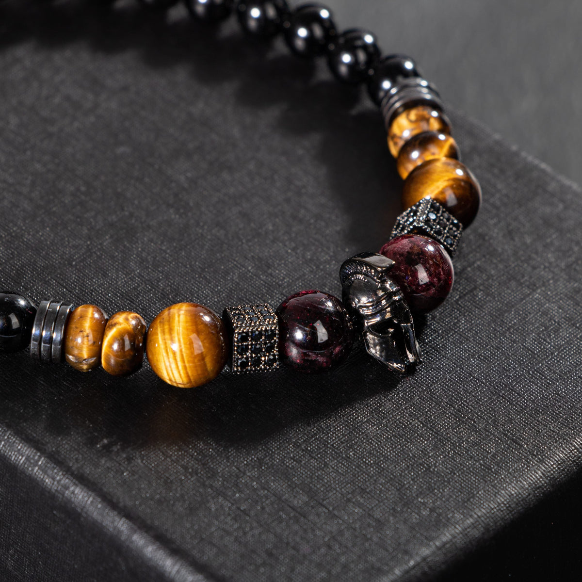 Kaplan Gözü-Bordo Granat Lal-Siyah Turmalin Doğal Taş Erkek Zirkon Bileklik