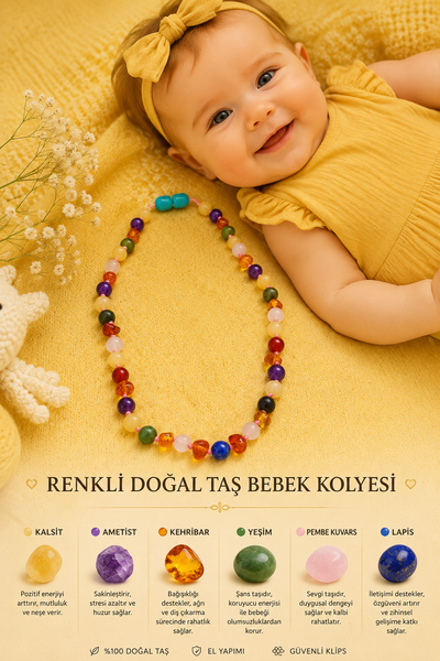 Sertifikalı Kehribar-Kalsit-Yeşim-Ametist-Pembe Kuvars-Lapis Bebek kolyesi