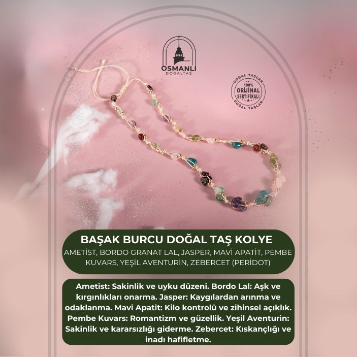 Başak Burcu Kolye Ametist, Bordo Granat Lal, Jasper, Mavi Apatit, Pembe Kuvars, Yeşil Aventurin, Zebercet (Peridot)
