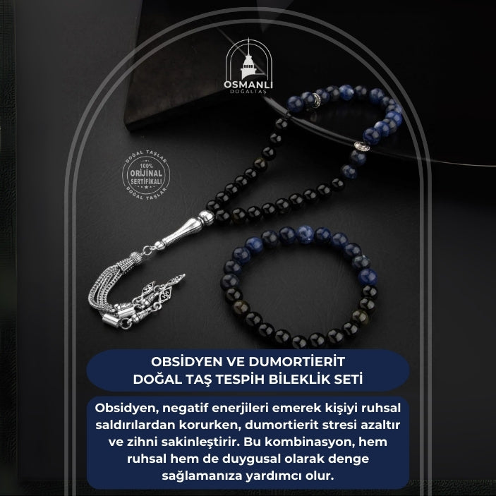 Obsidyen-Dumortierit Doğal Taş Tesbih Bileklik Seti