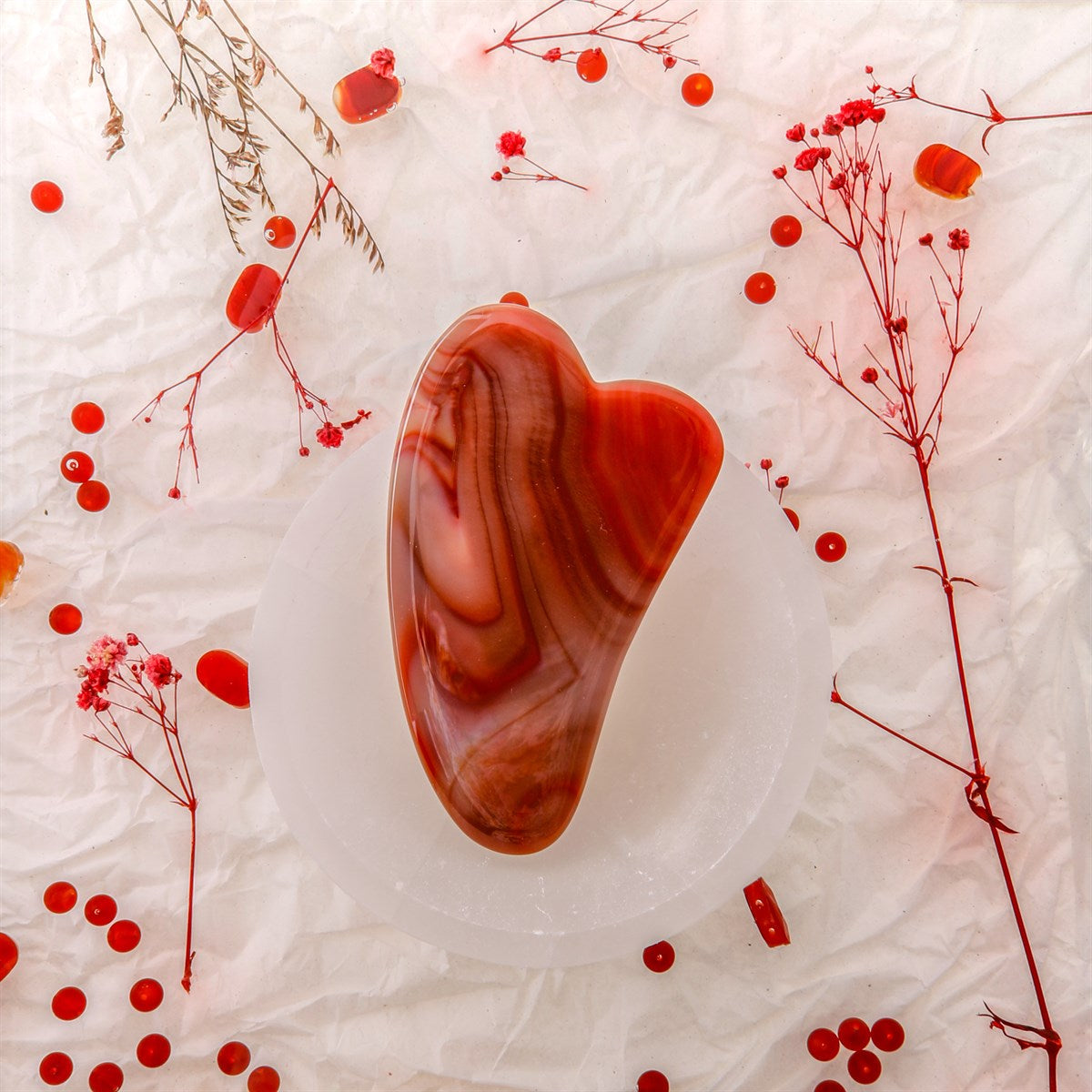 Kırmızı Akik Taşı Gua Sha Yüz Masaj Taşı Kalpli