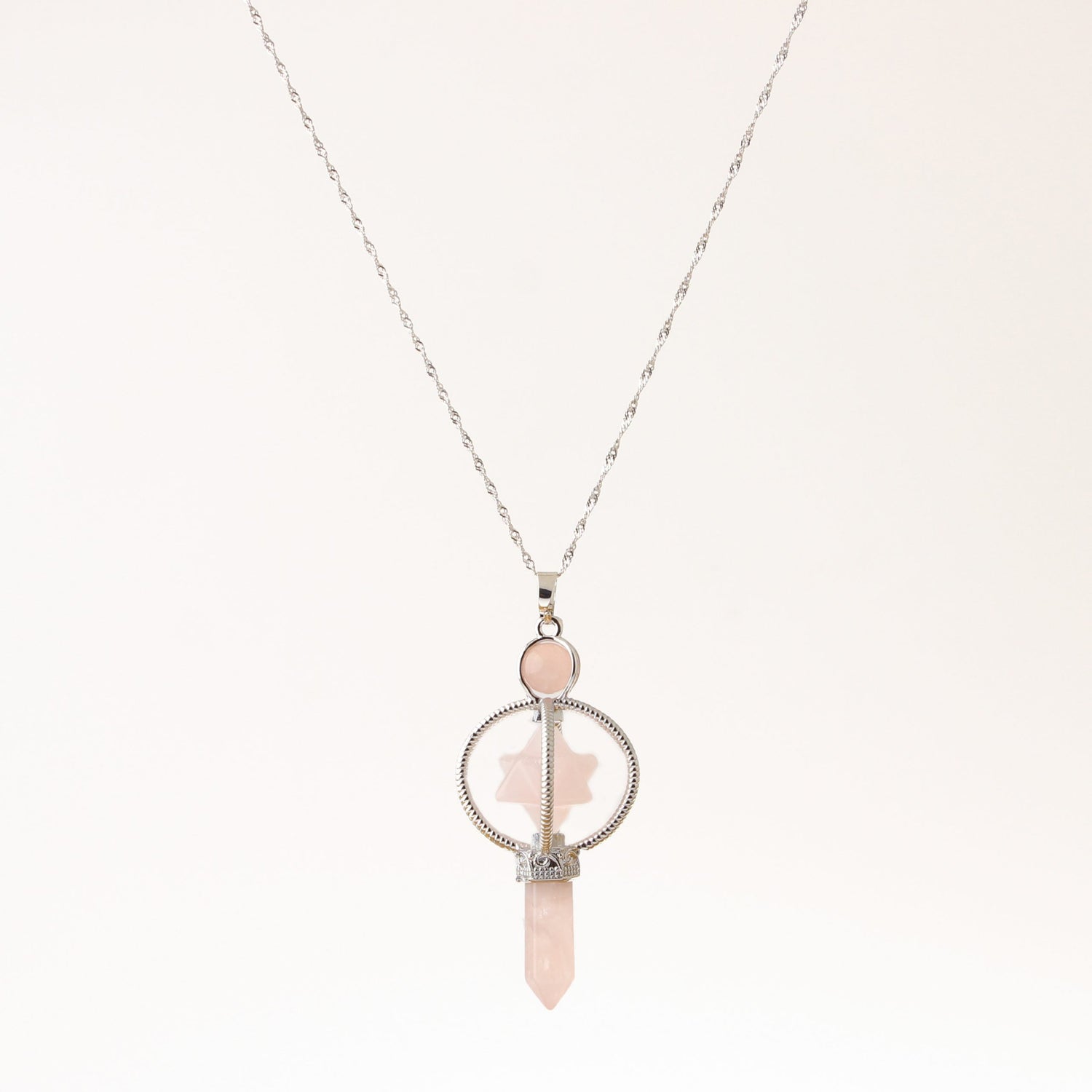 Pembe Kuvars Doğal Taş Markapon Yıldızlı Kolye, Gümüş Zincir