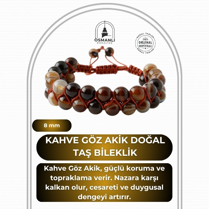 Kahve Göz Akik 8mm Çift Sıra Makrome Doğal Taş Bileklik