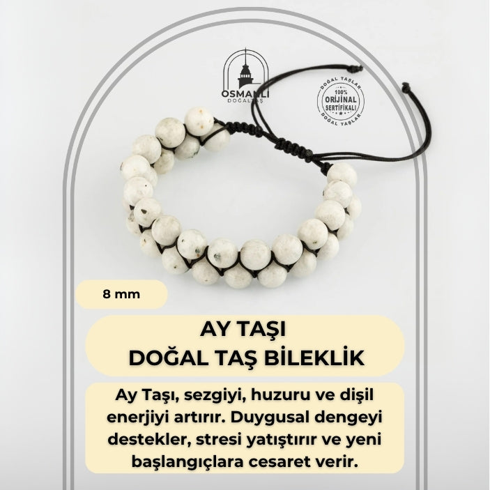 Ay Taşı 8mm Çift Sıra Makrome Doğal Taş Bileklik