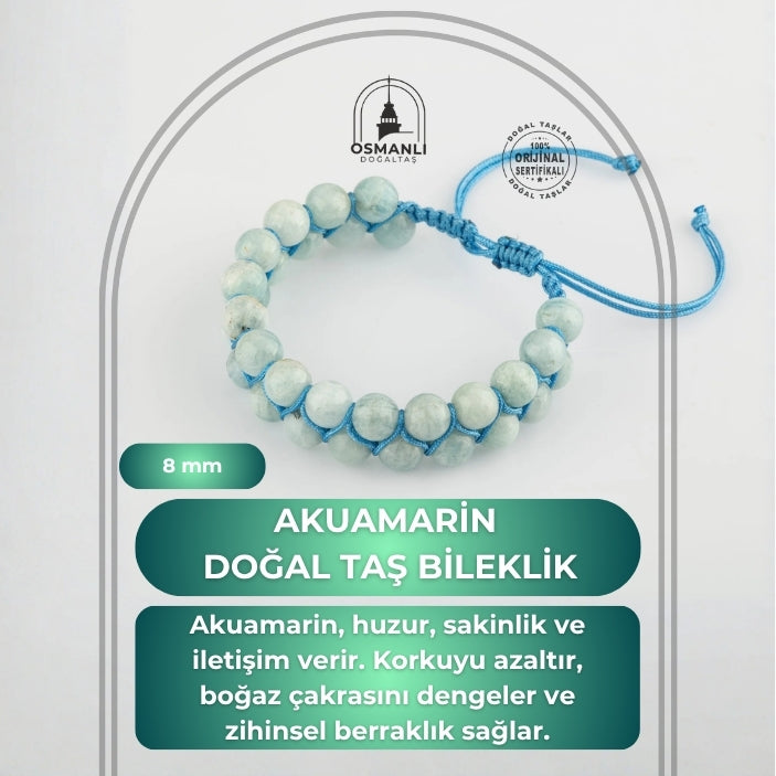 Akuamarin 8mm Çift Sıra Makrome Doğal Taş Bileklik