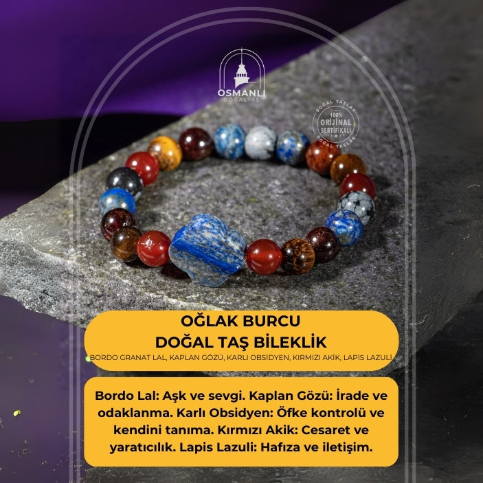 Oğlak Burcu Bileklik Bordo Granat Lal, Kaplan Gözü, Karlı Obsidyen, Kırmızı Akik, Lapis Lazuli