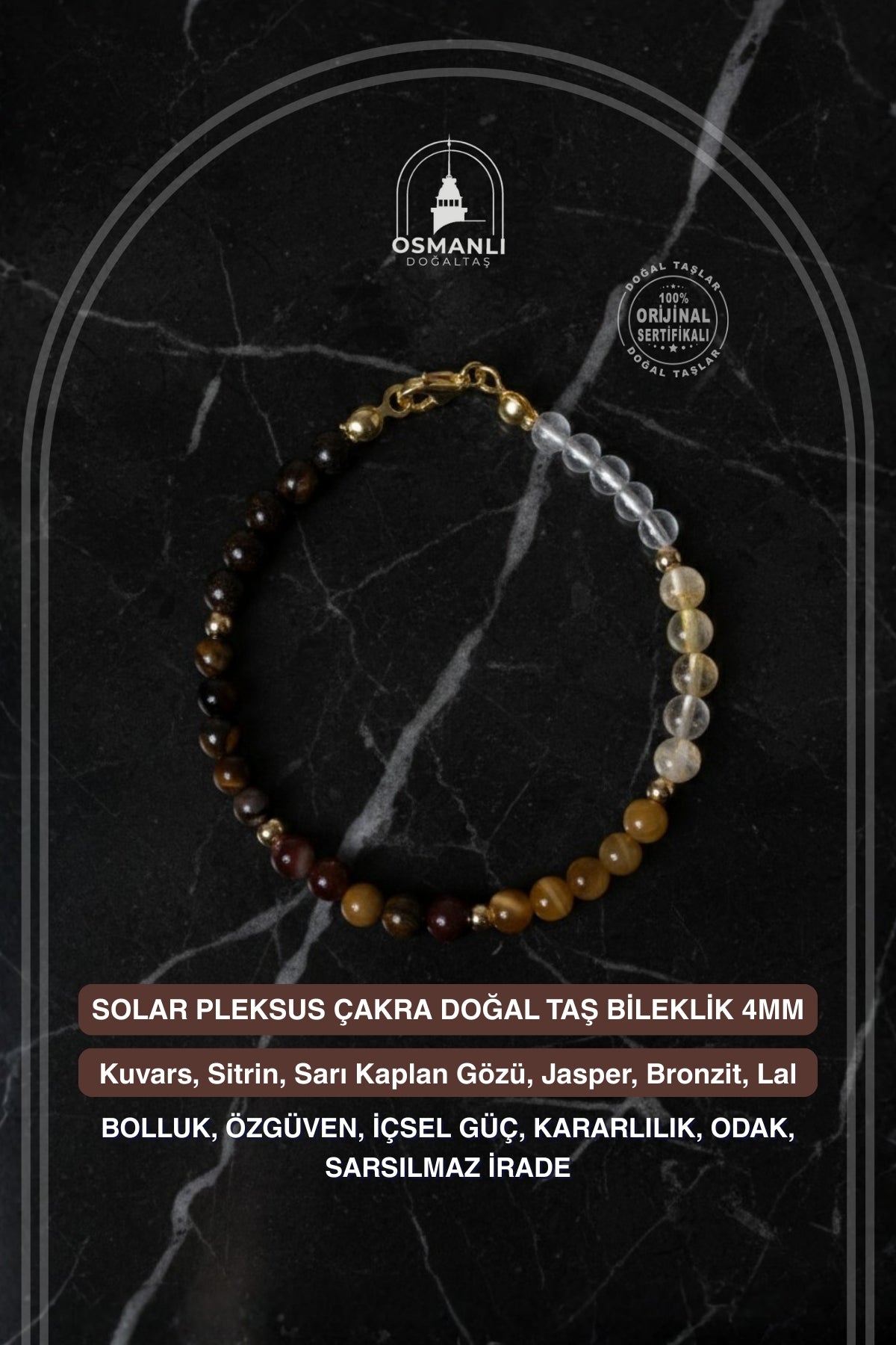 Sertifikalı Solar Pleksus Çakra Doğal Taş Gümüş Kapama Bileklik