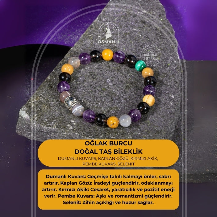 Oğlak Burcu Bileklik Dumanlı Kuvars, Kaplan Gözü, Kırmızı Akik, Pembe Kuvars, Selenit