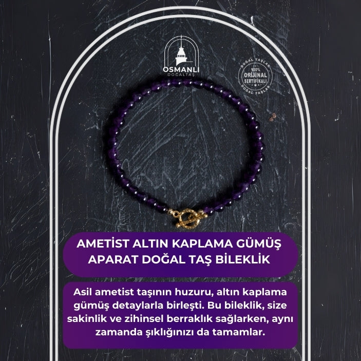Sertifikalı Ametist Altın Kaplama Gümüş Aparat Doğal Taş Bileklik