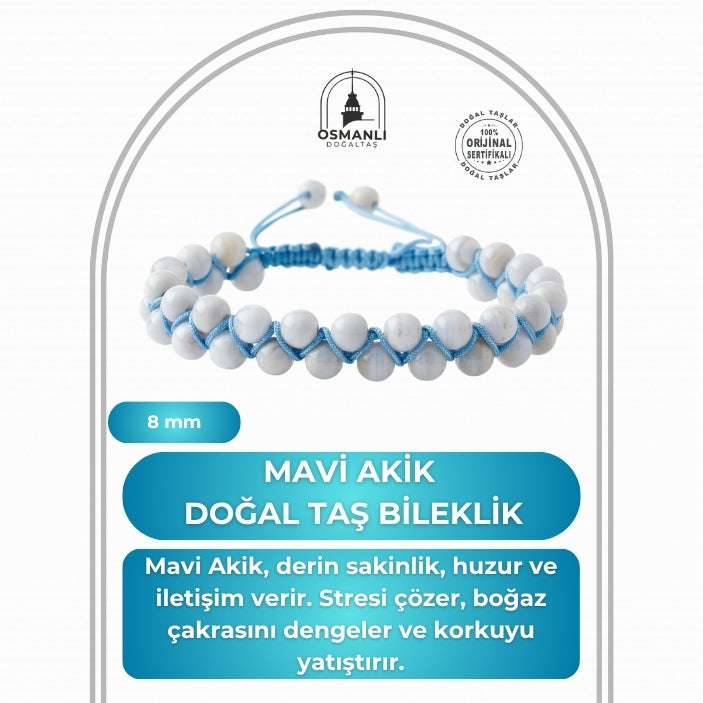 Mavi Akik 8mm Çift Sıra Makrome Doğal Taş Bileklik