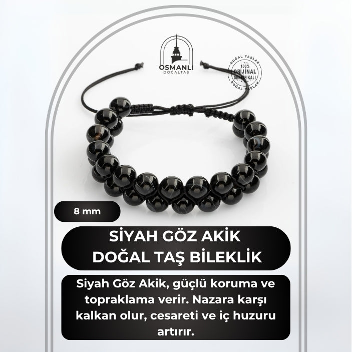 Siyah Göz Akik 8mm Çift Sıra Makrome Doğal Taş Bileklik