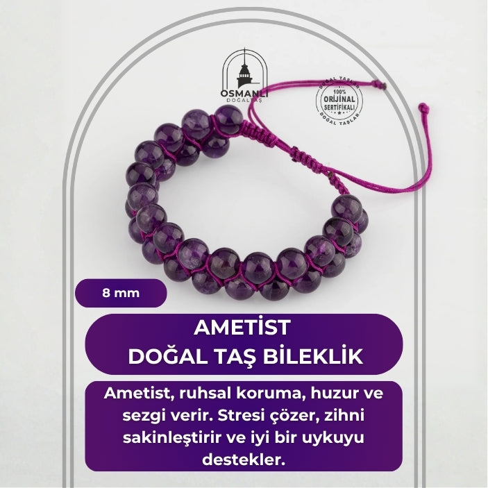 Ametist 8mm Çift Sıra Makrome Doğal Taş Bileklik