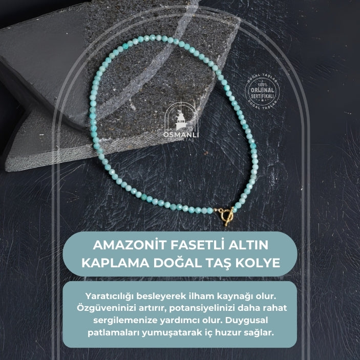 Sertifikalı Amazonit  Fasetli Altın Kaplama Doğal Taş Kolye