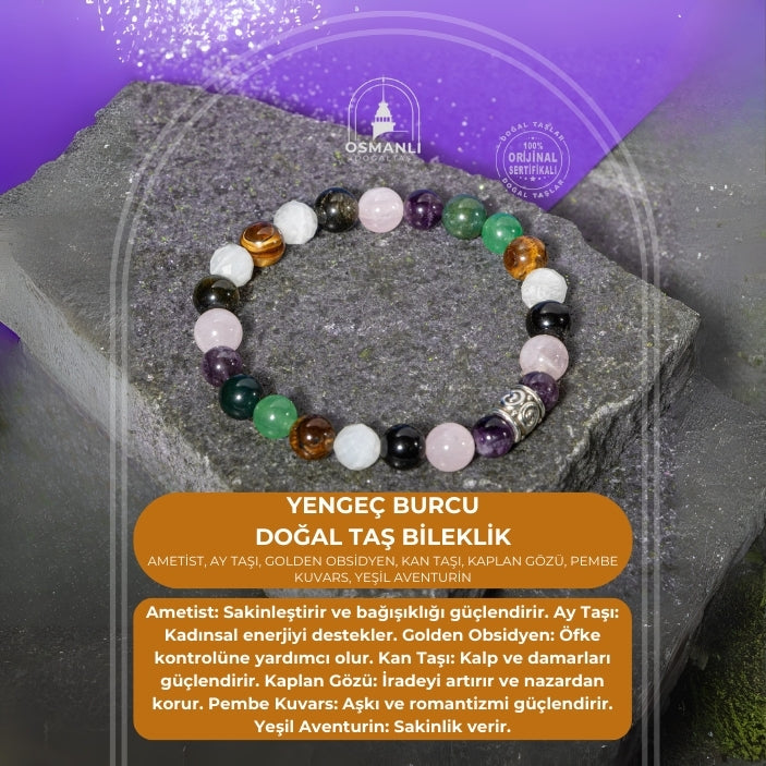Yengeç Burcu Bileklik Ametist, Ay Taşı, Golden Obsidyen, Kan Taşı, Kaplan Gözü, Pembe Kuvars, Yeşil Aventurin