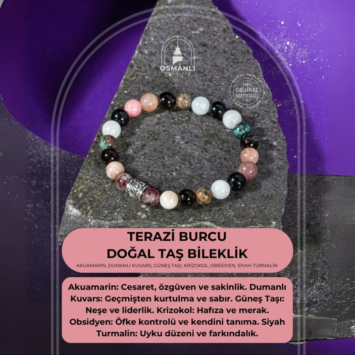 Terazi Burcu Bileklik Akuamarin, Dumanlı Kuvars, Güneş Taşı, Krizokol, Obsidyen, Siyah Turmalin