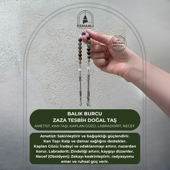 Balık Burcu Zaza Tesbih Doğal Taş Ametist, Kan Taşı, Kaplan Gözü, Labradorit, Necef