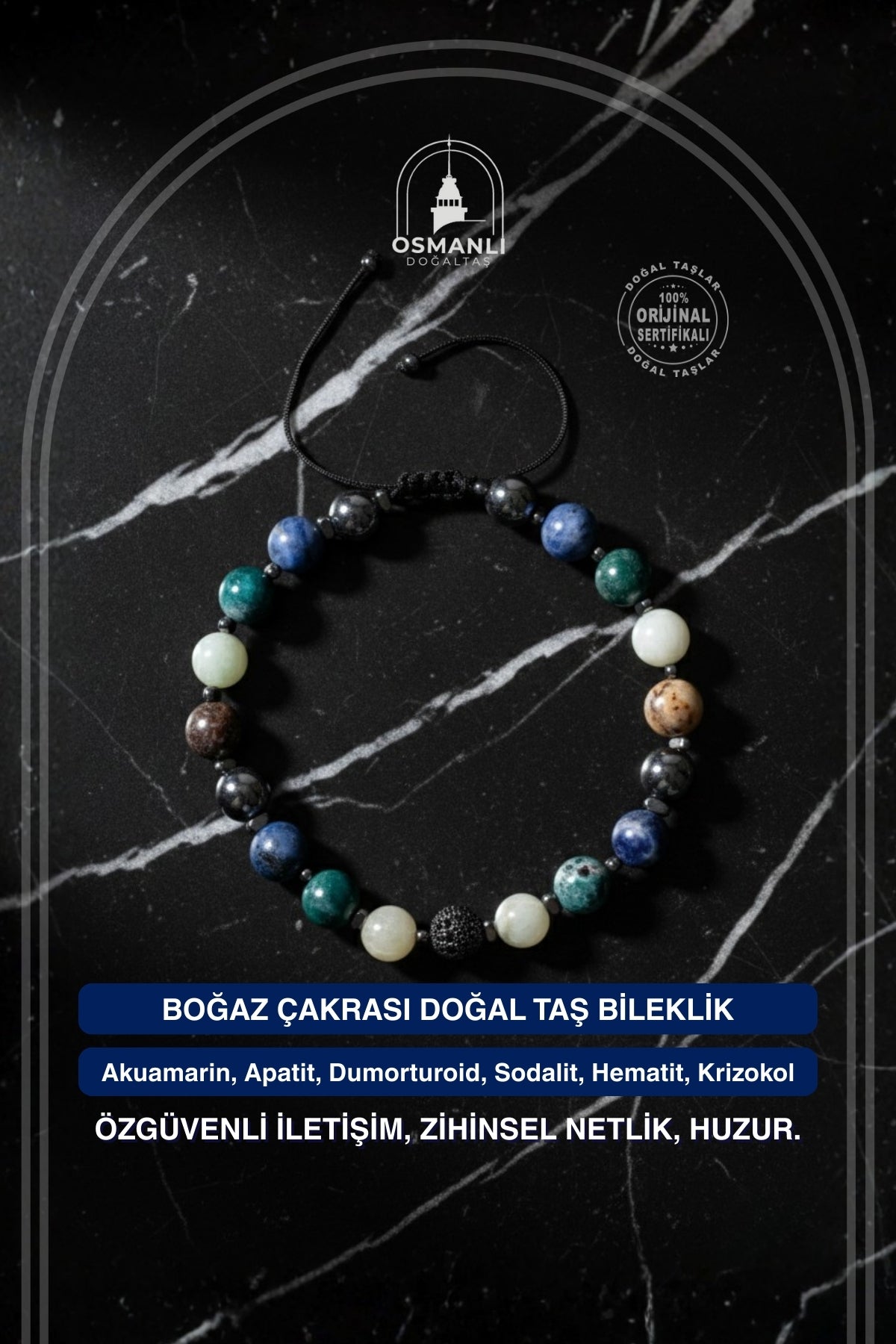 Sertifikalı Boğaz Çakrası Doğal Taş Makrome Bileklik