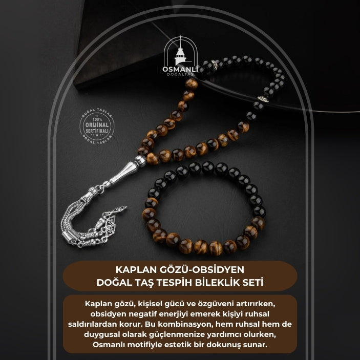 Kaplan Gözü-Obsidyen Doğal Taş Tesbih Bileklik Seti