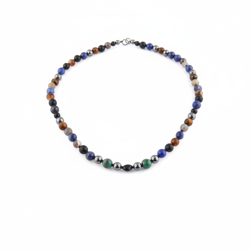 Erkek Öğrenci Kolye- Lapis, Sodalit, Kehribar, Labradorit, Kaplan Gözü, Krizokol, Akik, Obsidyen, He - beyaz fon