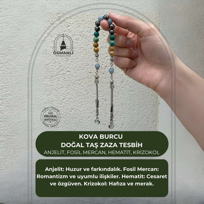 Kova Burcu Zaza Tesbih Doğal Taş Anjelit, Fosil Mercan, Hematit, Krizokol
