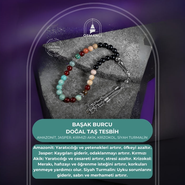 Başak Burcu Tesbih Amazonit, Jasper, Kırmızı Akik, Krizokol, Siyah Turmalin