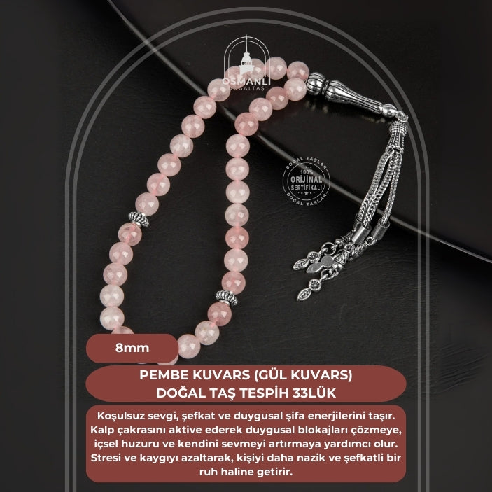 Pembe Kuvars (Gül Kuvars) Doğal Taş Tesbih 33lük - 8mm