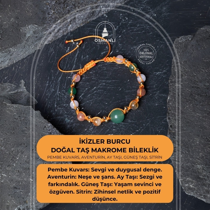 Sertifikalı  Doğal Taş Makrome Bileklik -İkizler Burcu